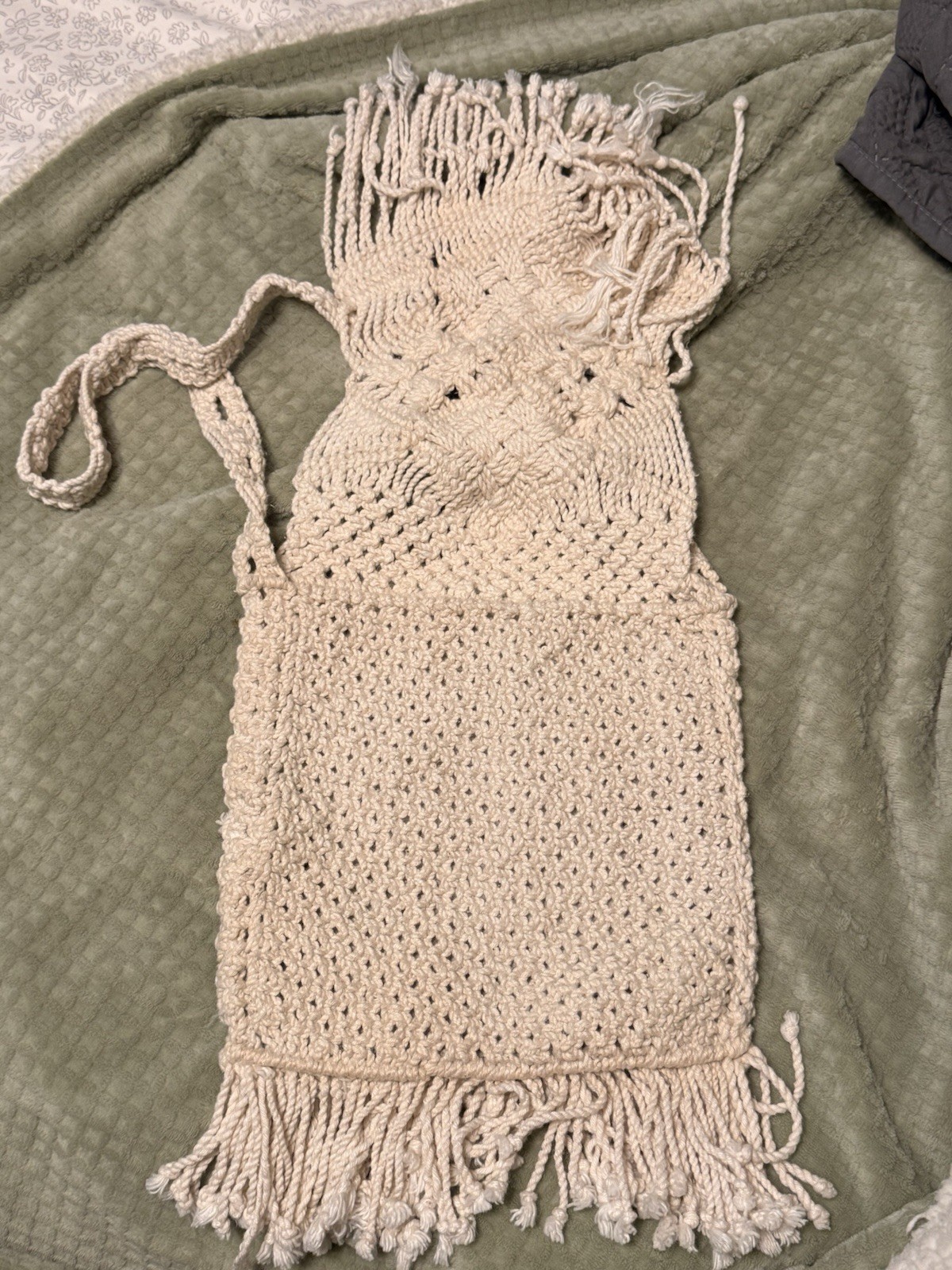 Handmade Boho Crochet Crossbody Bag Cream Fringe Cotton Hippie Festival Purse