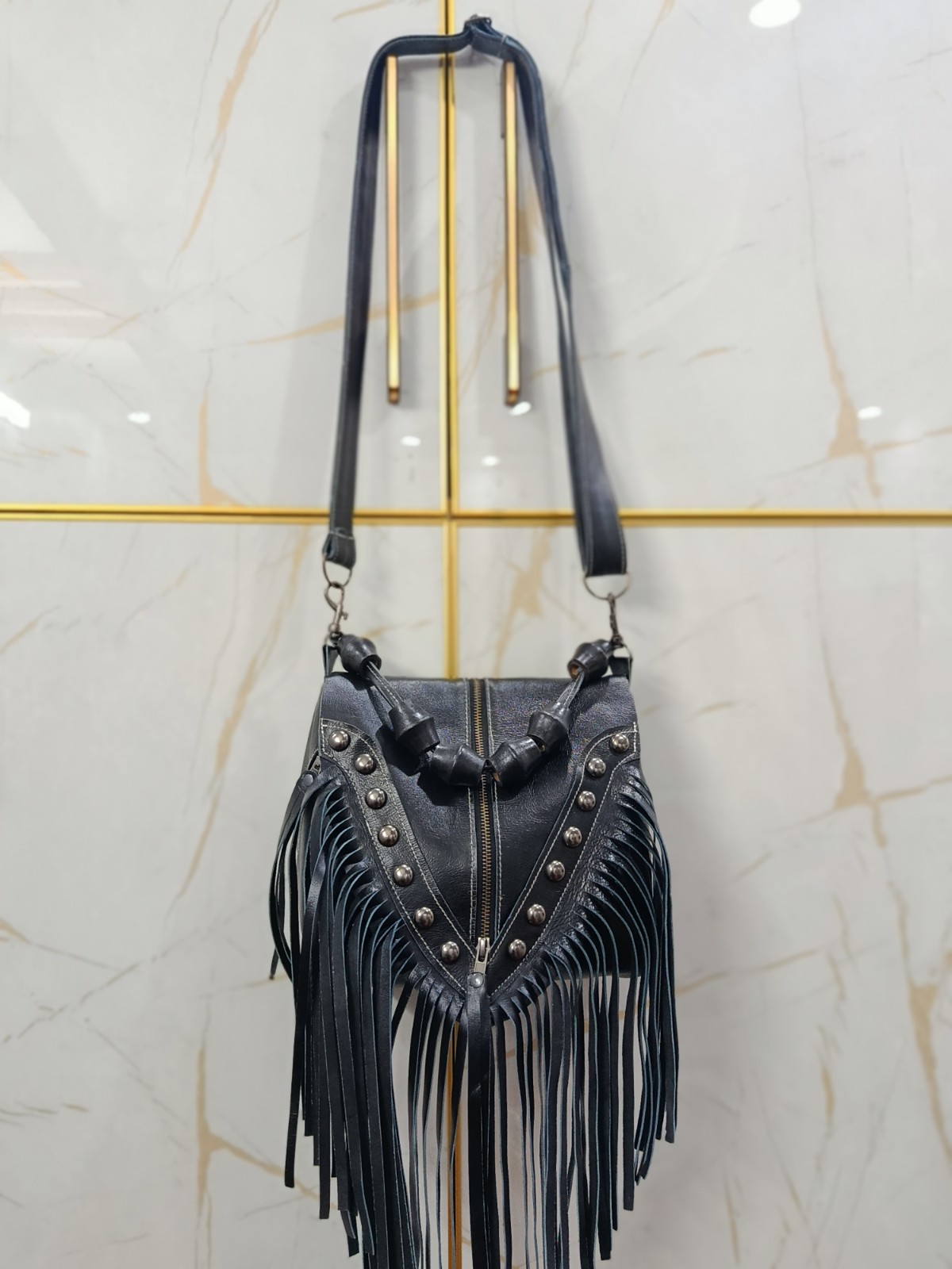 Hobo Fringe bag Womens Black Real Cowhide Leather Fringe Tassel Handbag Boho Bag