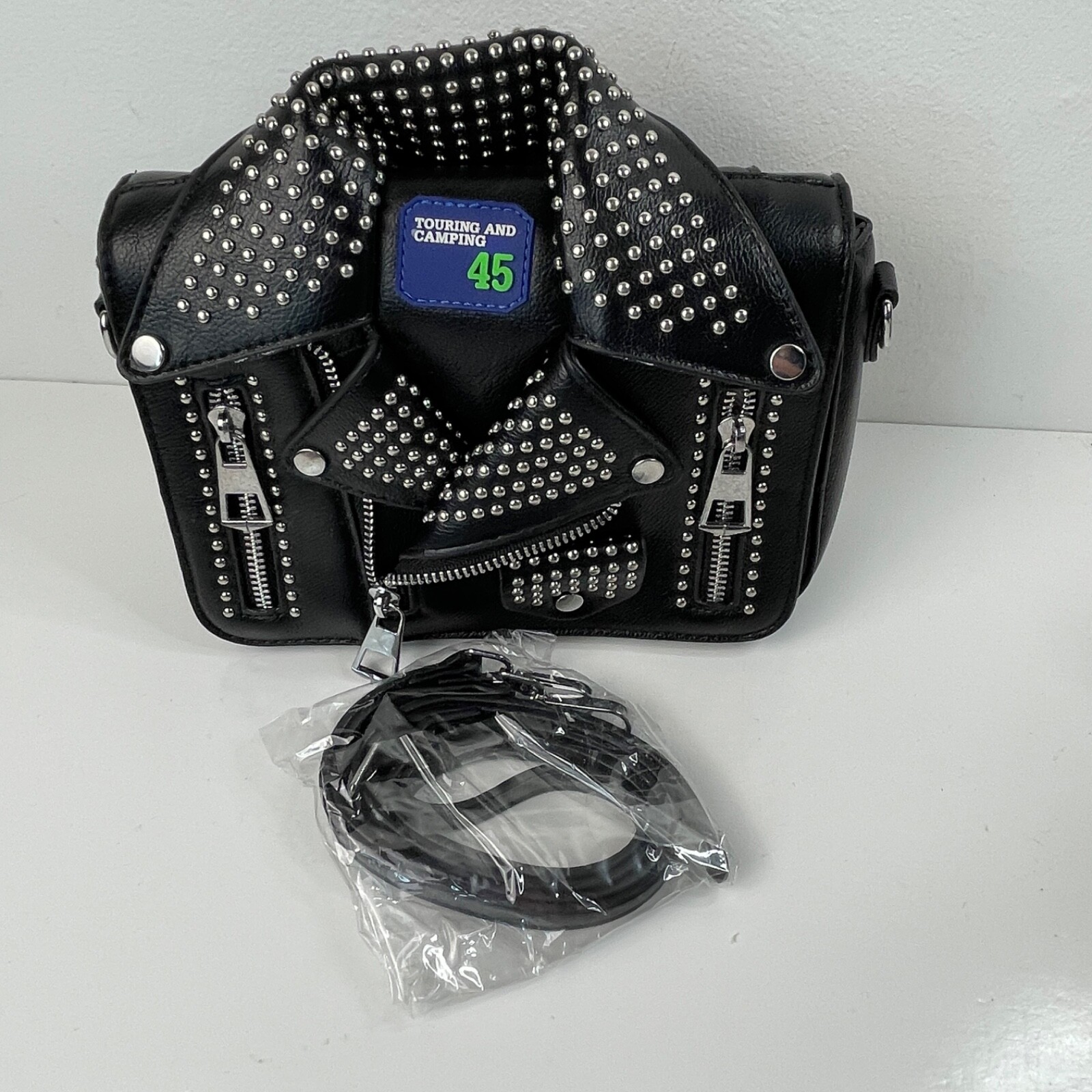 Studded Faux Leather Jacket Crossbody Bag Purse Black Adjustable Strap New