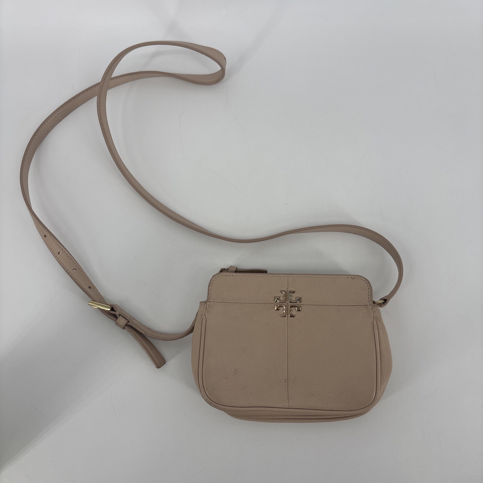 Tory Burch Ivy Crossbody Bag Leather Gold Logo Tan Beige Purse Zip Handbag