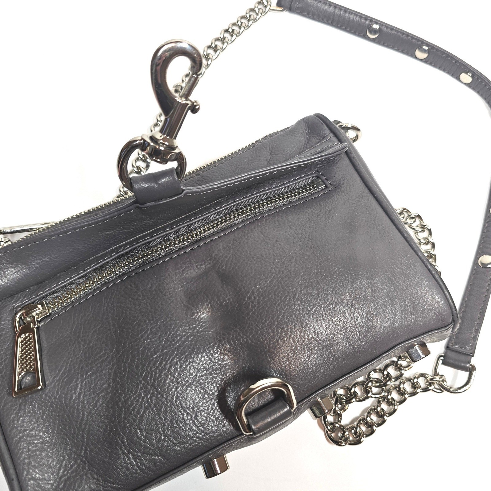 Rebecca Minkoff Mini MAC Crossbody Bag Womens Dark Grey Textured Leather Silver