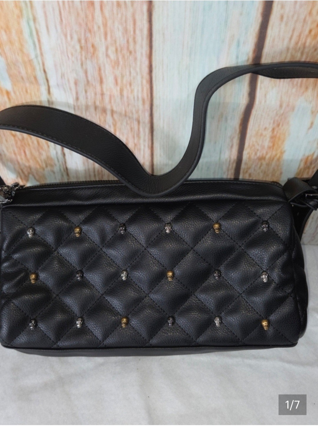 Betsey Johnson Black Quilted Shoulder Bag W/ Skull Stud Accents And Skull Zipper