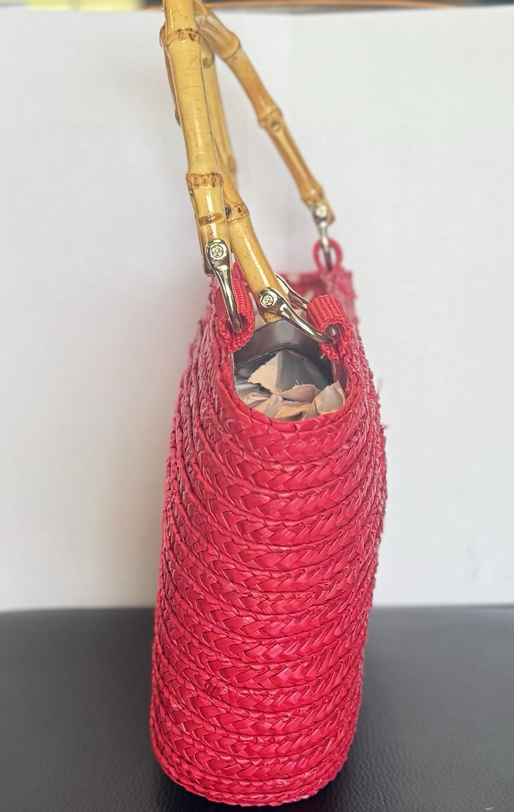 Vintage St. John’s Bay Hot Pink Woven Straw Basket Bag Bamboo Handles Y2K Summer