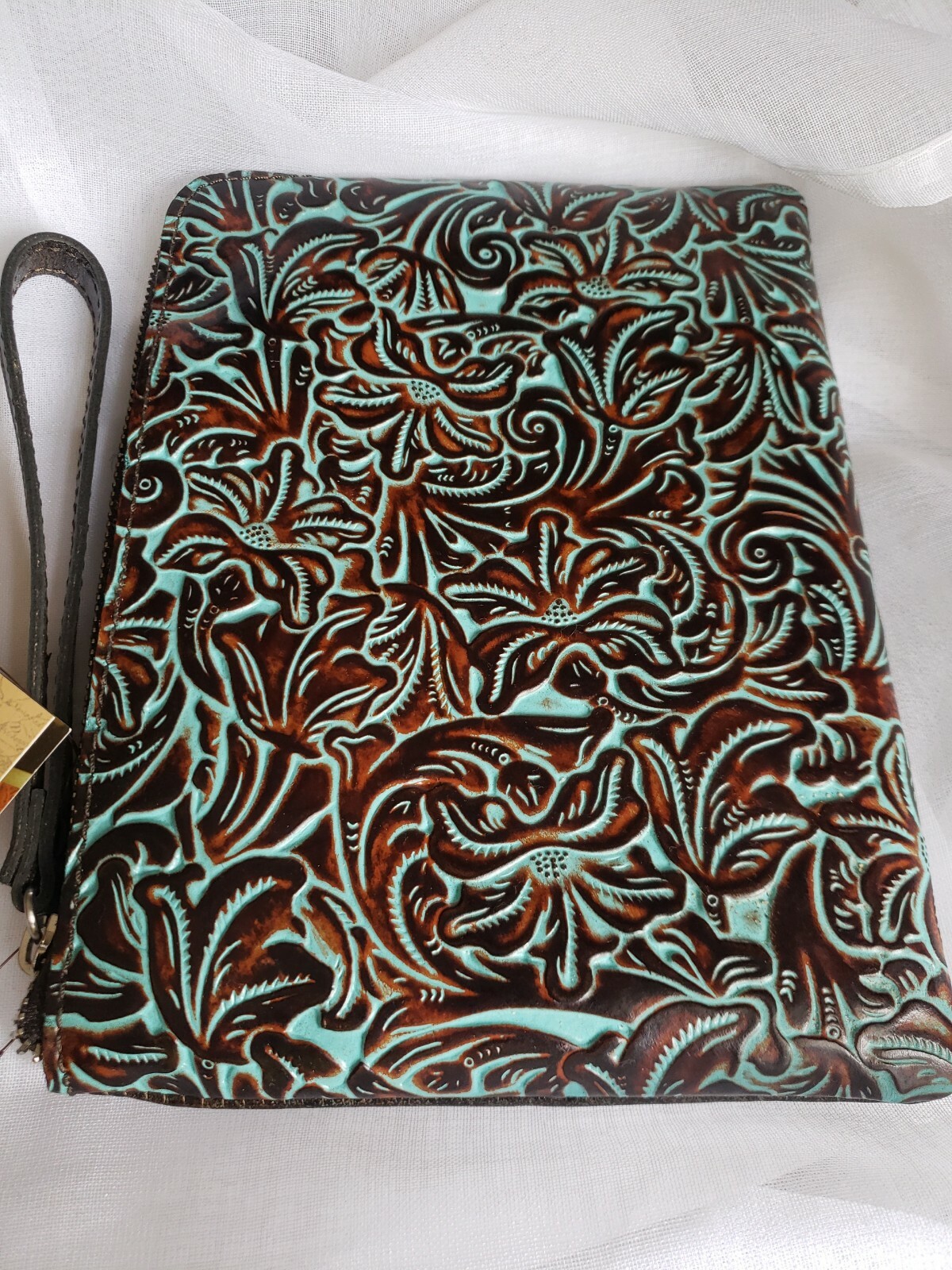 Patricia Nash Cassini Wristlet Tooled Turquoise Brown Leather P349133