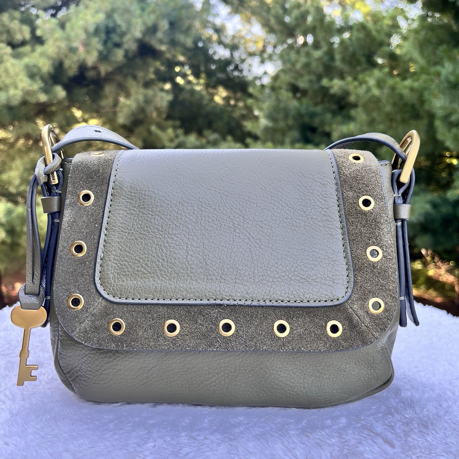 Fossil Crossbody Olive Green Leather Suede Flap Shoulder Bag Key Charm ZB1566