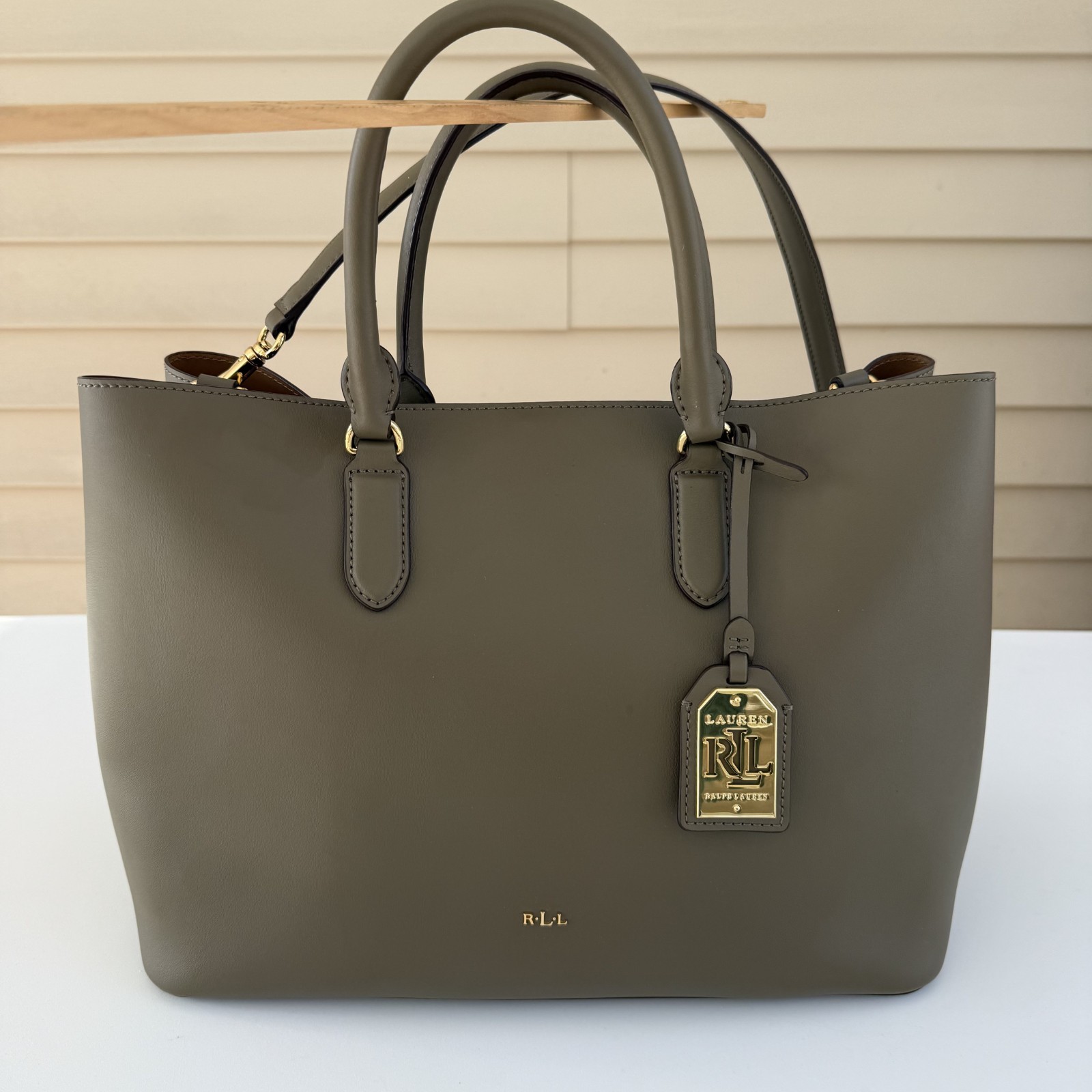 Lauren Ralph Lauren Leather Tote Shoulder Hand Bag Taupe Medium/Large $450