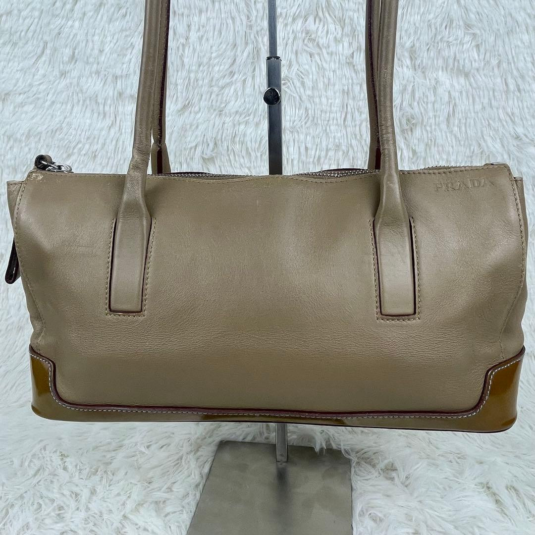 PRADA Archive Leather Shoulder Bag Beige Patent Leather Trim Vintage Y2K Authent