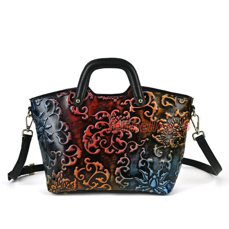 Women Genuine Cow Leather Shoulder Bag Handbag Purse Flower Embossed Tote Travel