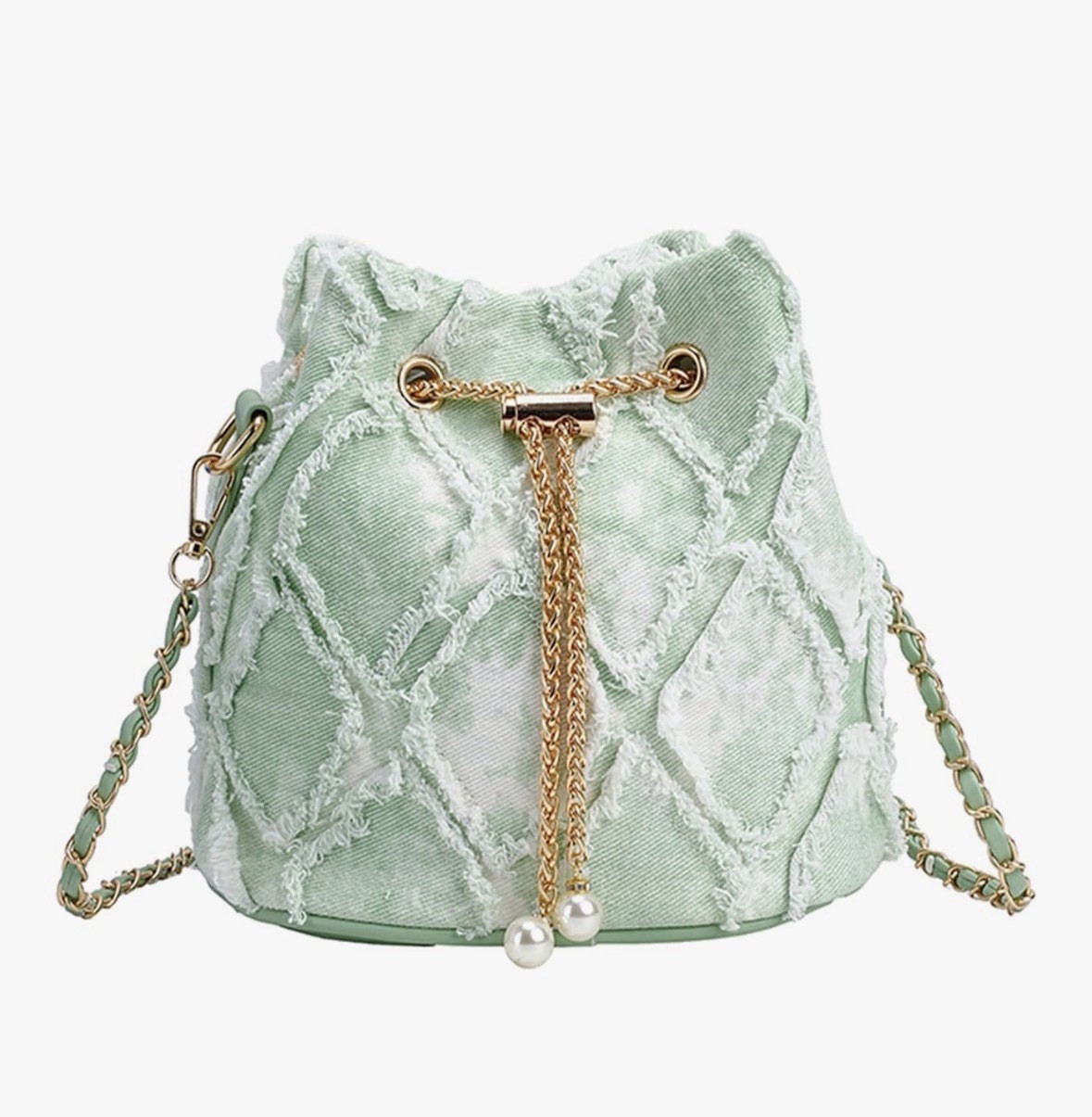 Women’s Mint Green Diamond Shoulder Bag Chain Pearl Gold Hardware Drawstring