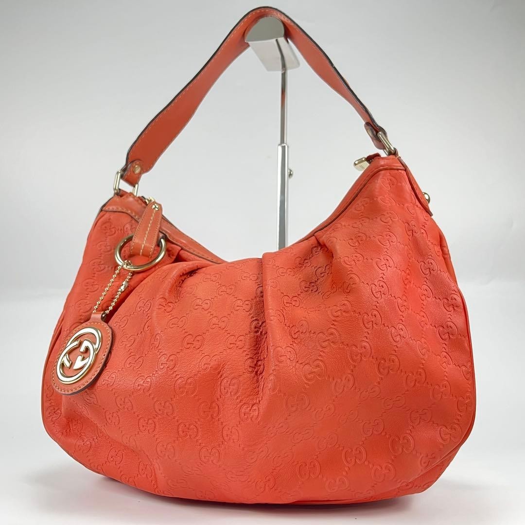 GUCCI Sukey GG Canvas Tote Bag Red Orange Leather Handbag Auth