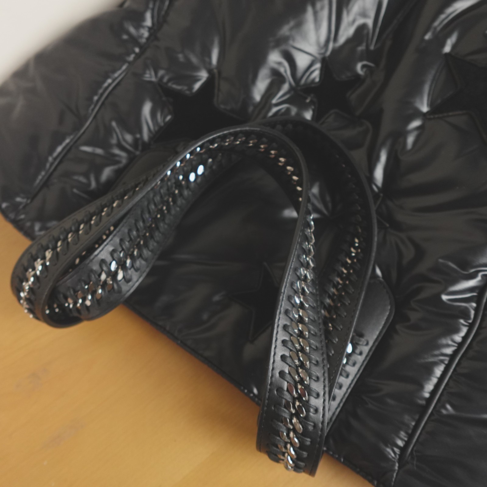 Stella McCartney Falabella Go Tote Bag Black Nylon Velvet All Over Stars Puffy