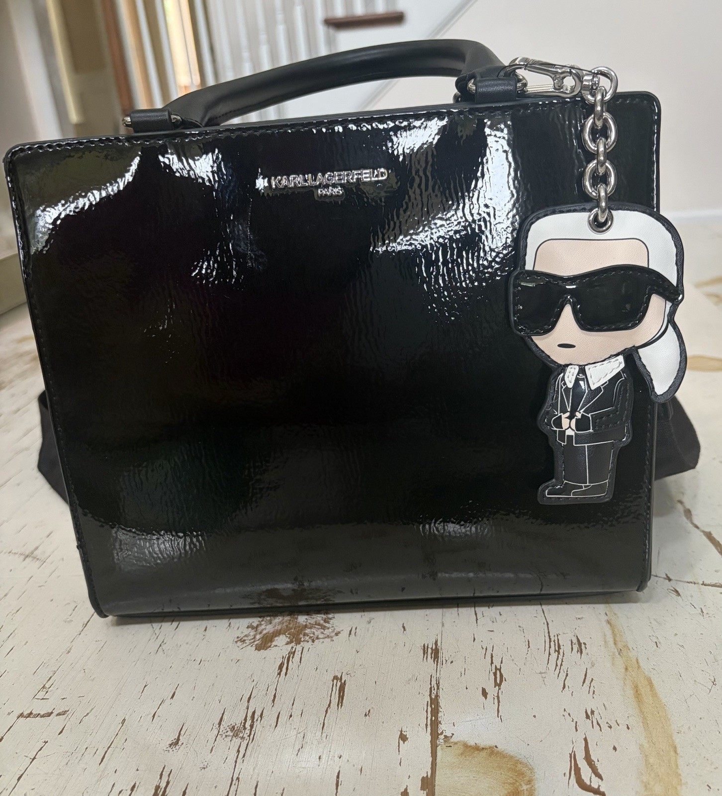 Karl Lagerfeld Patent in Black with Charm Crossbody/Top Handle Zipper Closure