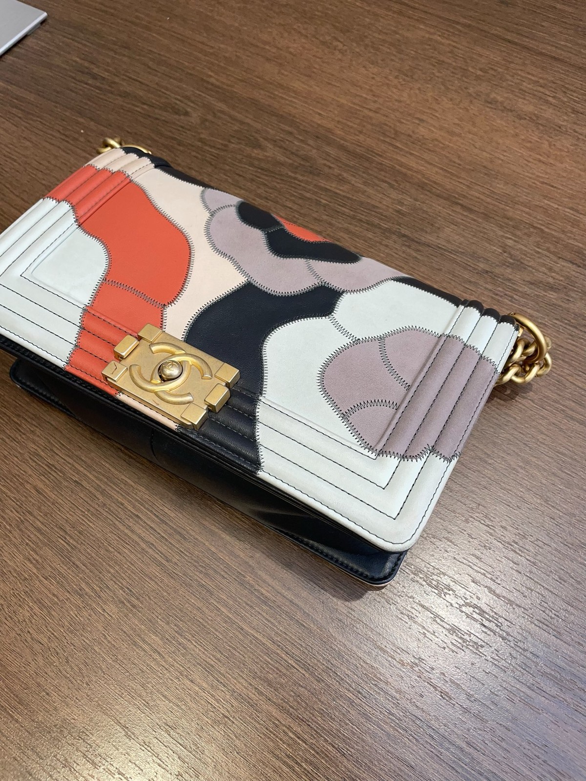 Chanel Le Boy Multicolor Camellia Patchwork Leather Flap Bag Gold-Tone Hardware