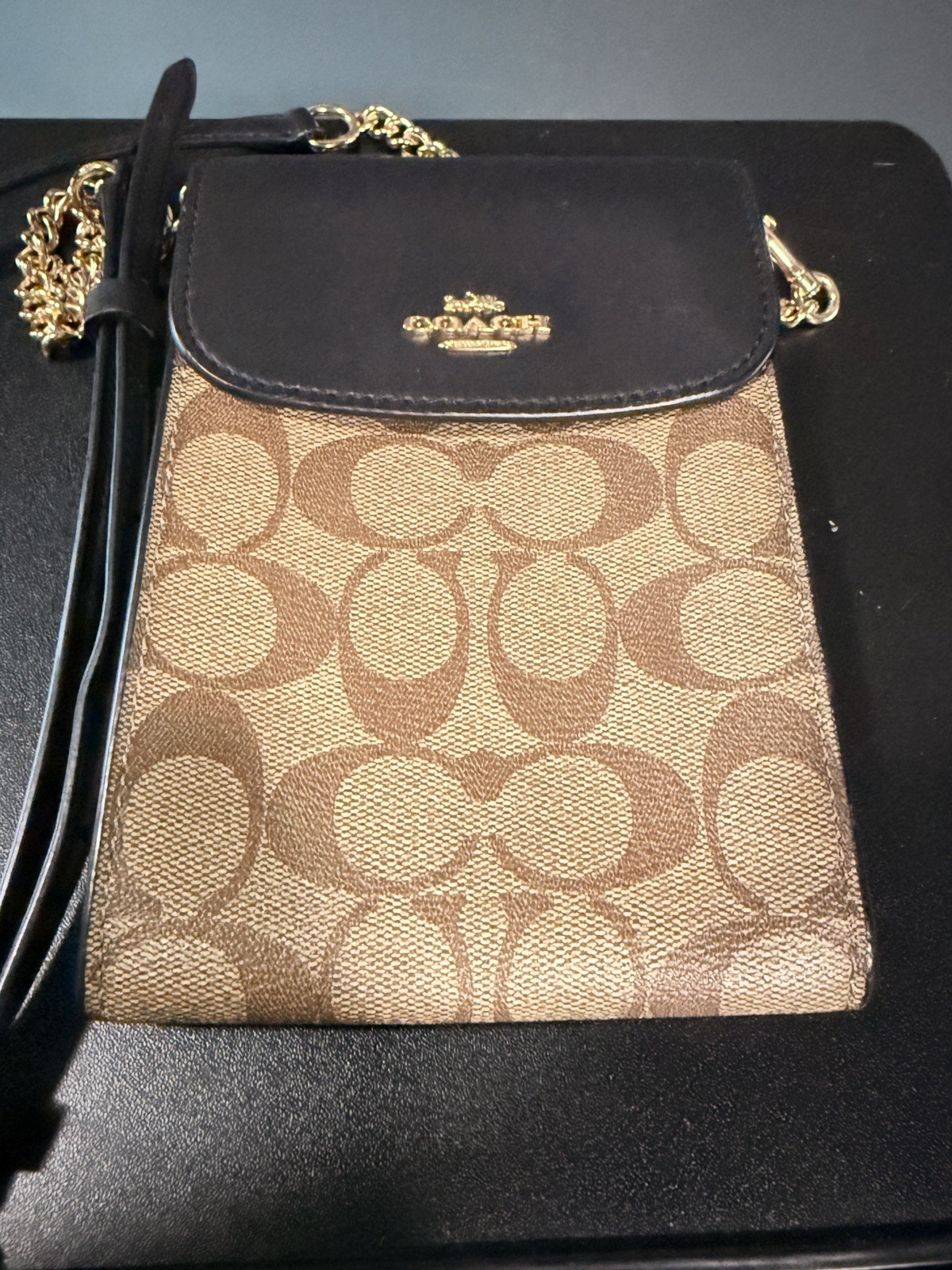 Coach Black And Canvas Cellphone Crossbody Bag With Gold Chain