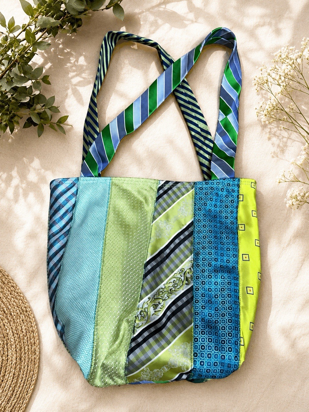 Upcycled Green & Blue Multicolor Vintage Tie Tote Reusable Shopping Bag
