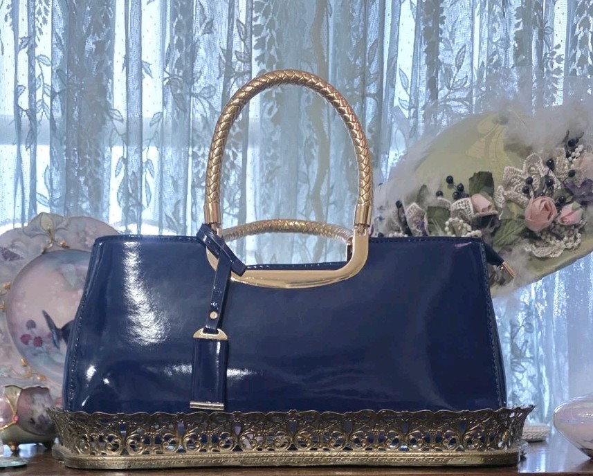 Elegant Patent Leather Bag/Crossbody Purse Glossy Royal Blue Gold Accent PU New