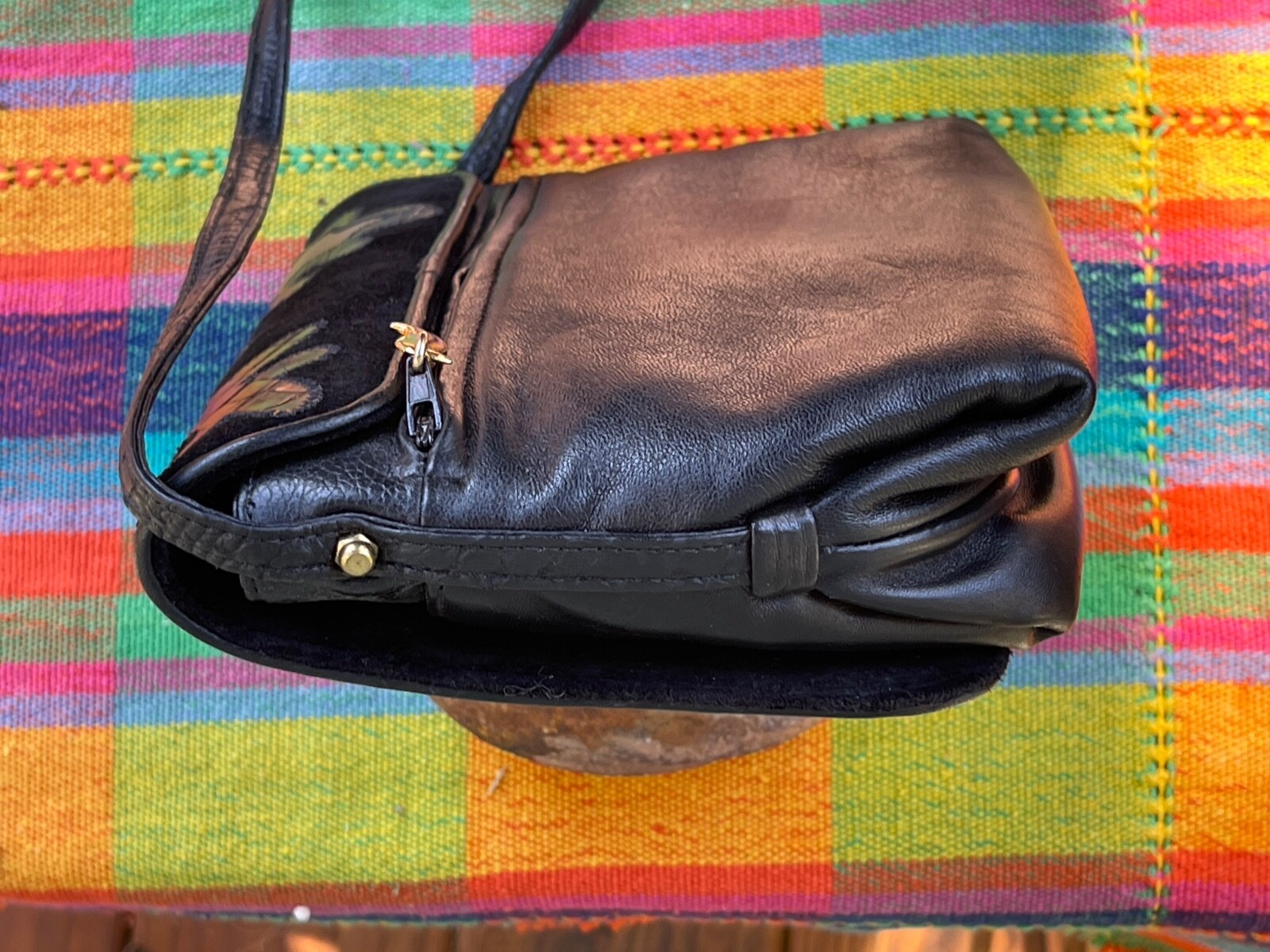 Sharif New Black Leather Crossbody Bag Acorns Oak USA Multi Textured Appliqué
