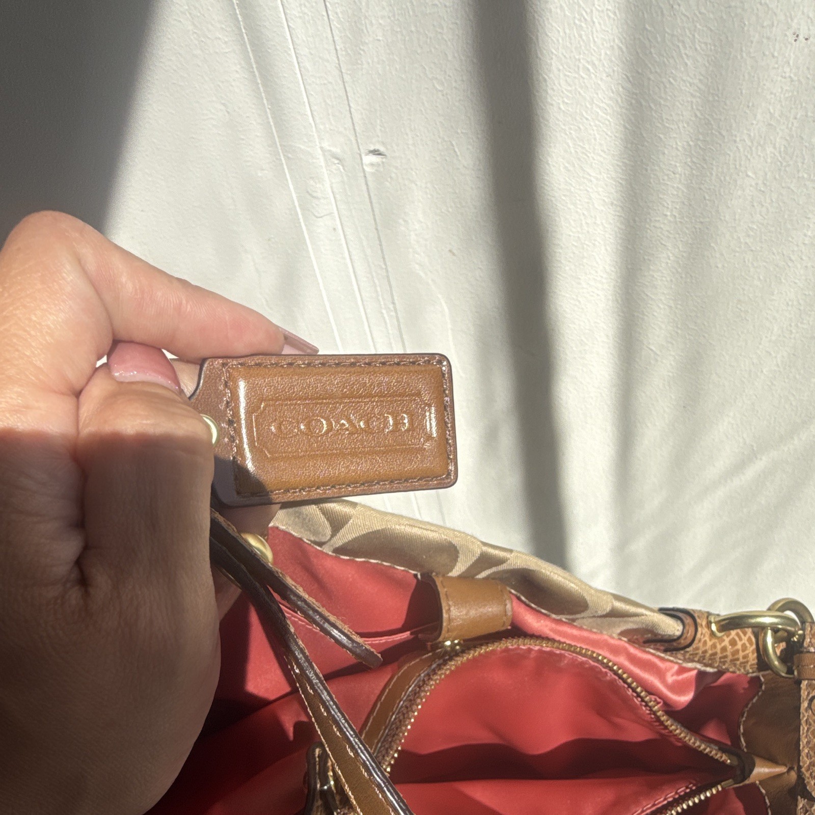 Coach Signature Logo Beige/Brown Shoulder Bag Zip, Inner Pockets, Charm