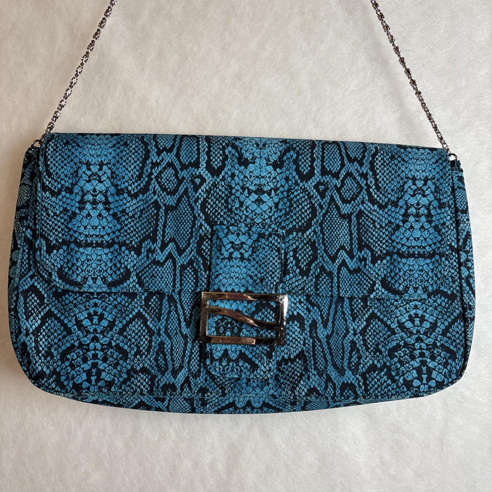 Vintage Diane Gilman Teal Turquoise Snake Print Clutch Chain Strap Bag Purse