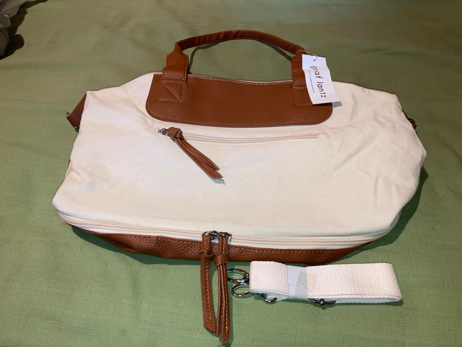 Graf Lantz Canvas & Leather Tote Bag | Cream Tan Carryall Crossbody Detach Strap