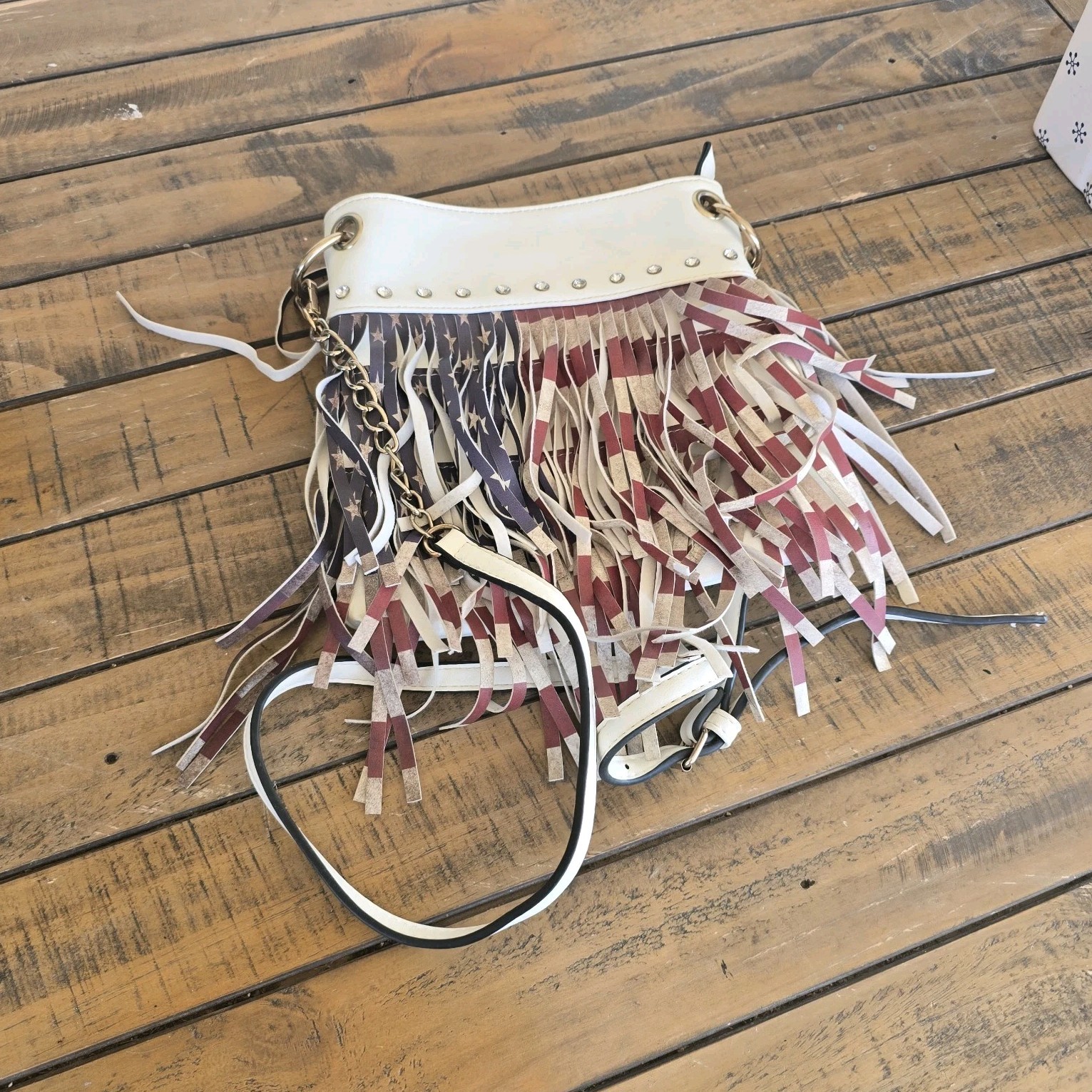 White Studded Fringe Crossbody Bag Bird Print Lined Zip Outer Pockets Small