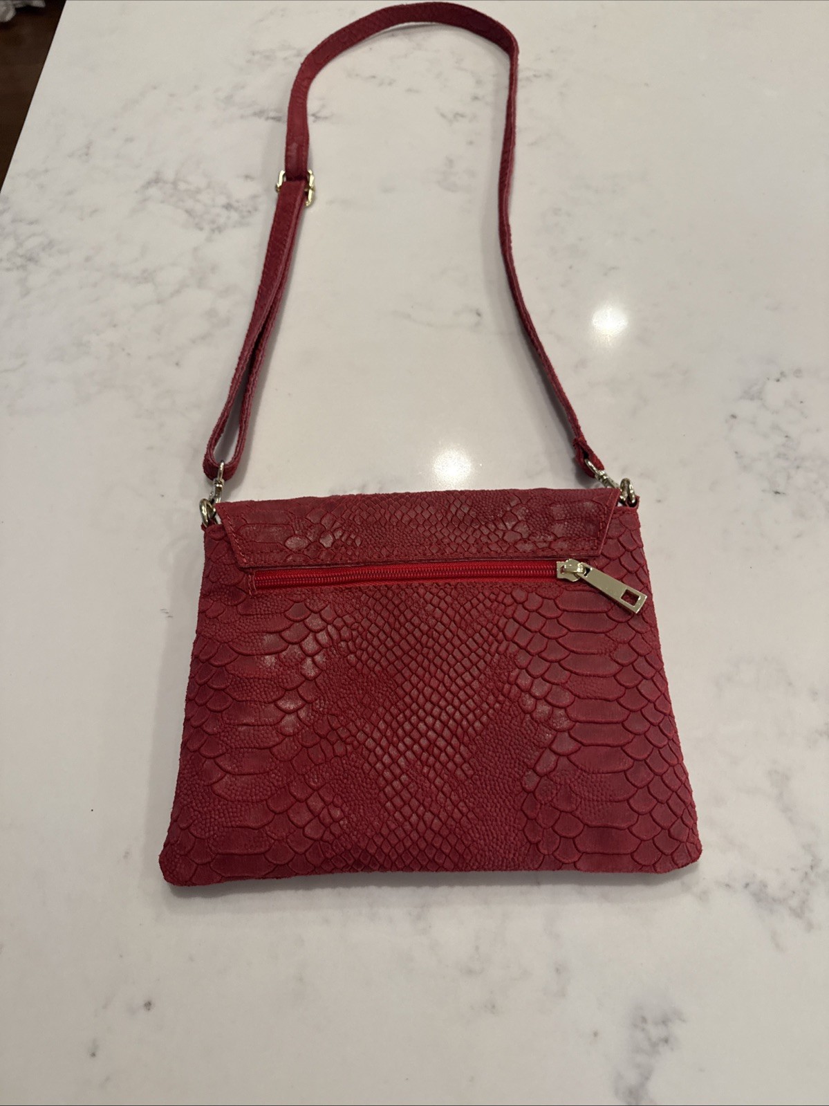 Sofia C. Satchel Purse Bag Red Leather Reptile Made In Italy, 9 x 7 x 1″
