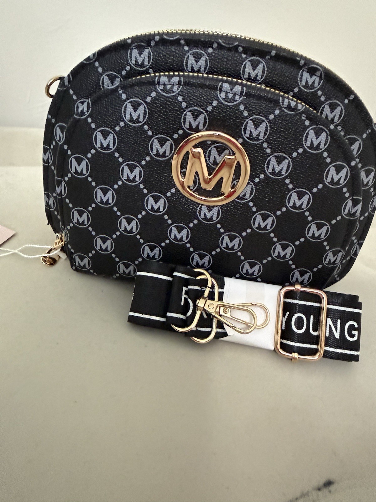 Black Logo Print Small Crossbody Bag Gold-Tone Zip, Detachable Adjustable Strap