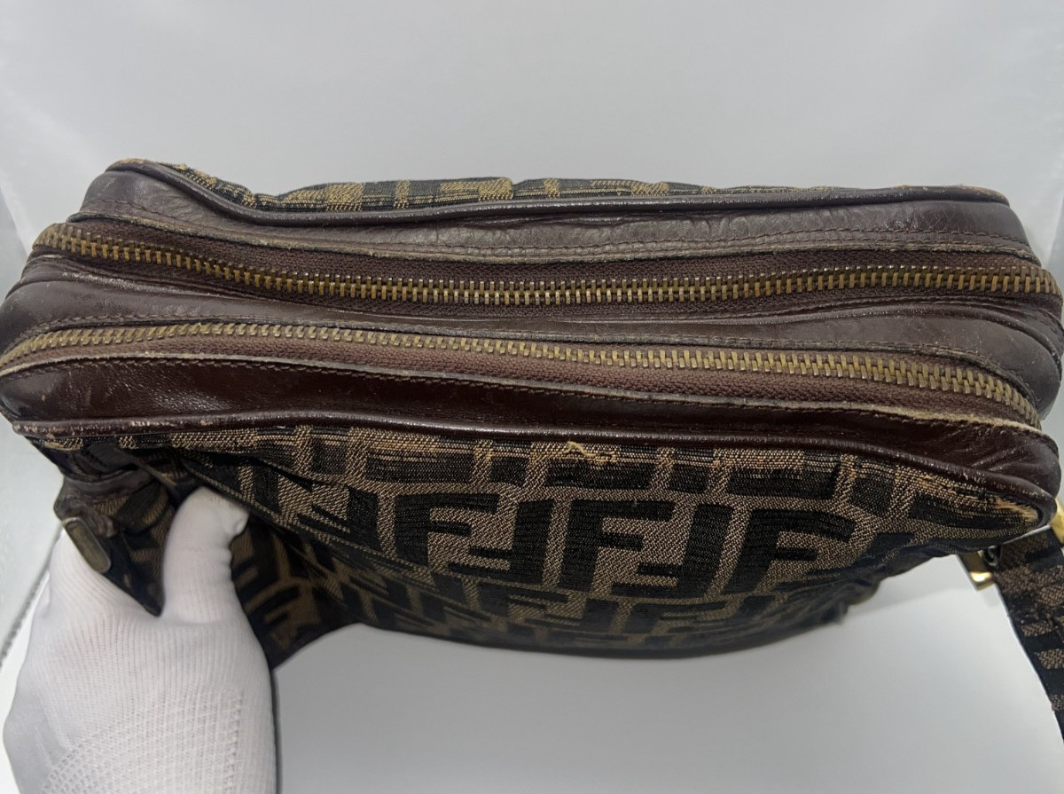 Fendi Zucca Canvas Leather Shoulder Bag Brown Authentic