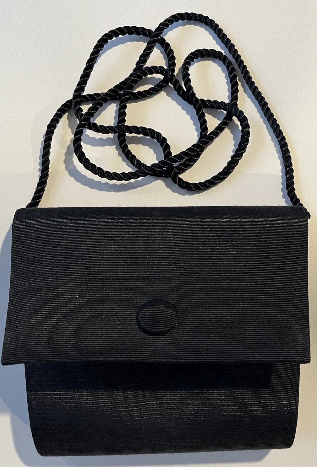 Inverted Angle Black Ribbed Texture Satin Evening Bag Hideable Rope Strap A01044