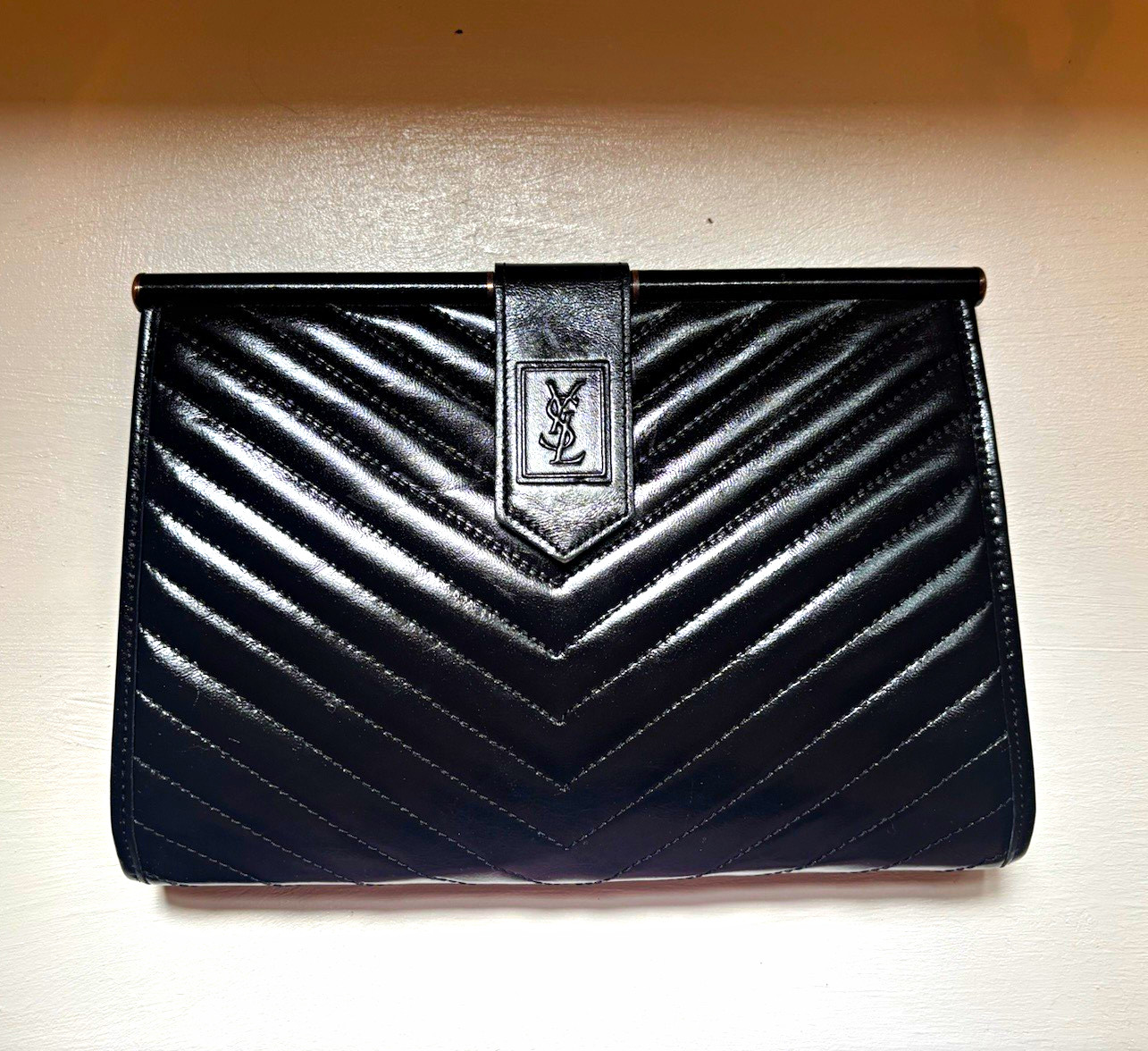 Saint Laurent Black Chevron Quilted YSL Clutch Magnetic Flap Gold Strap Dust