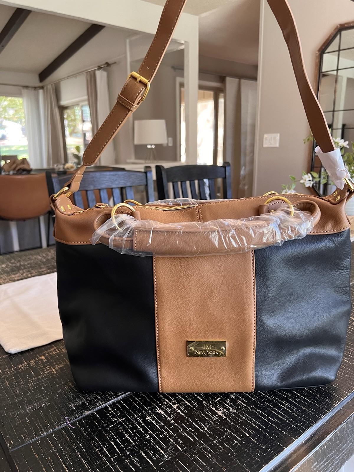New York & Company Colorblock Shoulder Bag Black Brown Gold Hardware NWT-Style