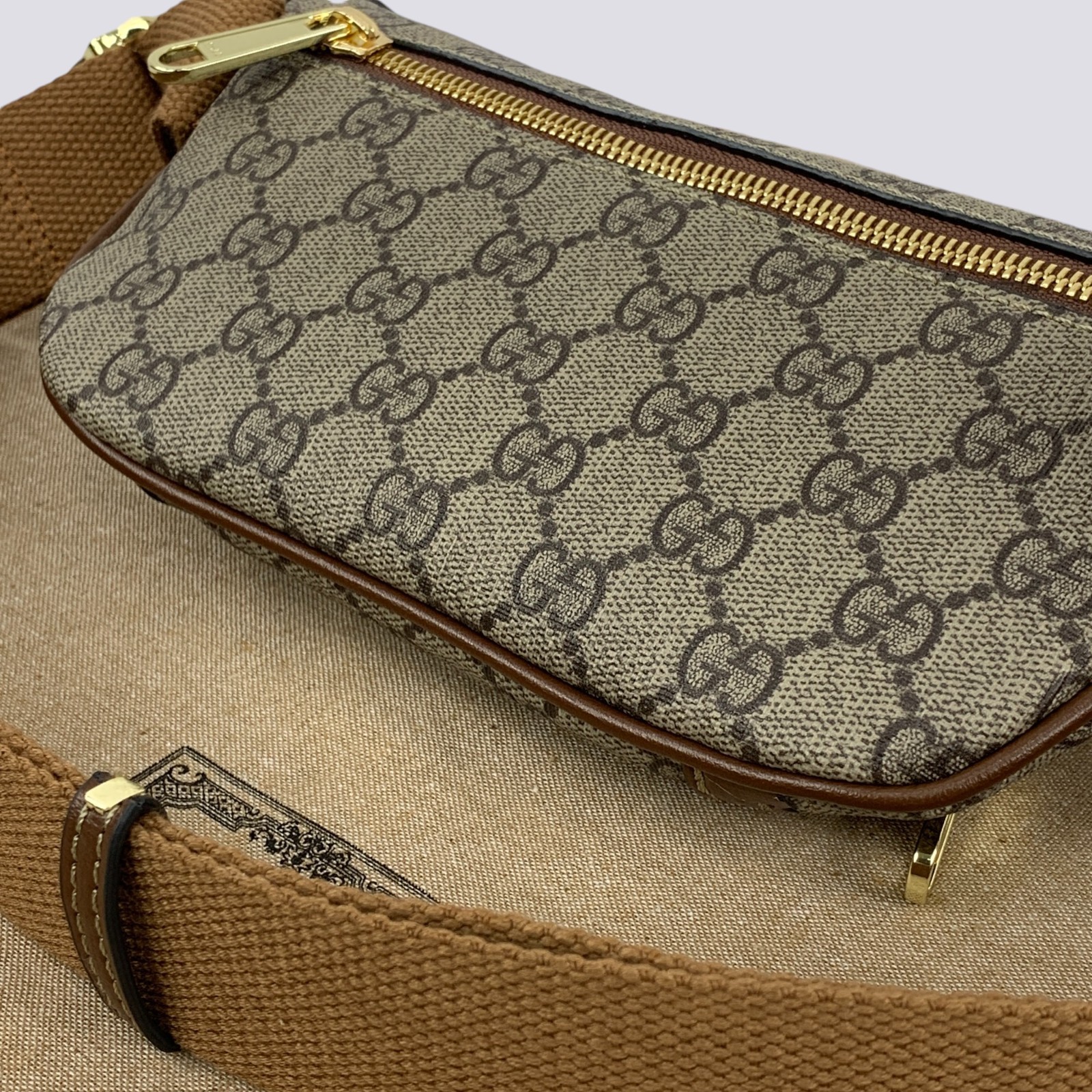 Gucci GG Monogram Interlocking G Canvas Leather Crossbody Belt Bag Beige 682933