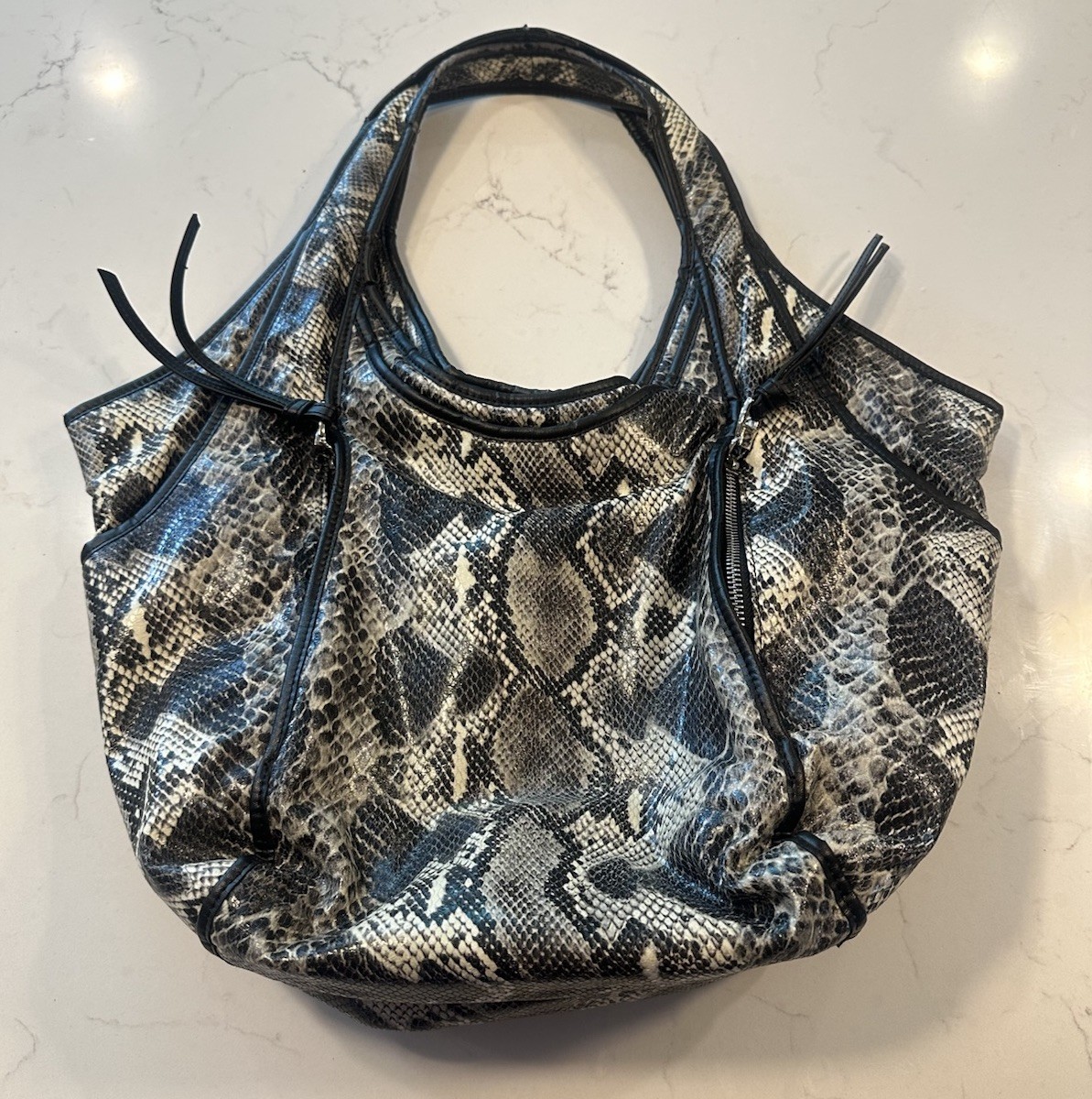 Kooba Off White Snake-Print Shoulder Tote with Black Piping/ Carryall/80s/boho
