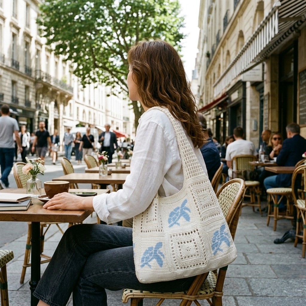 Turtle Pattern Knitted Bag Retro Hollow Woven Design Multi-purpose Shoulder Bag