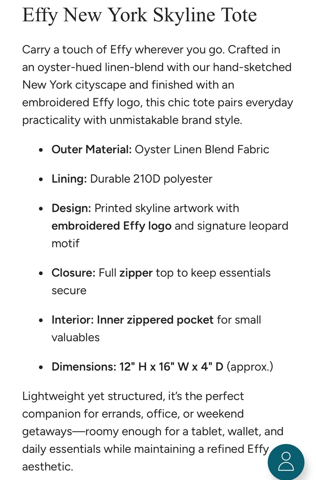 Effy Tote Bag Linen/Canvas Blend Embroidered Logo NY Skyline Large Lined NEW