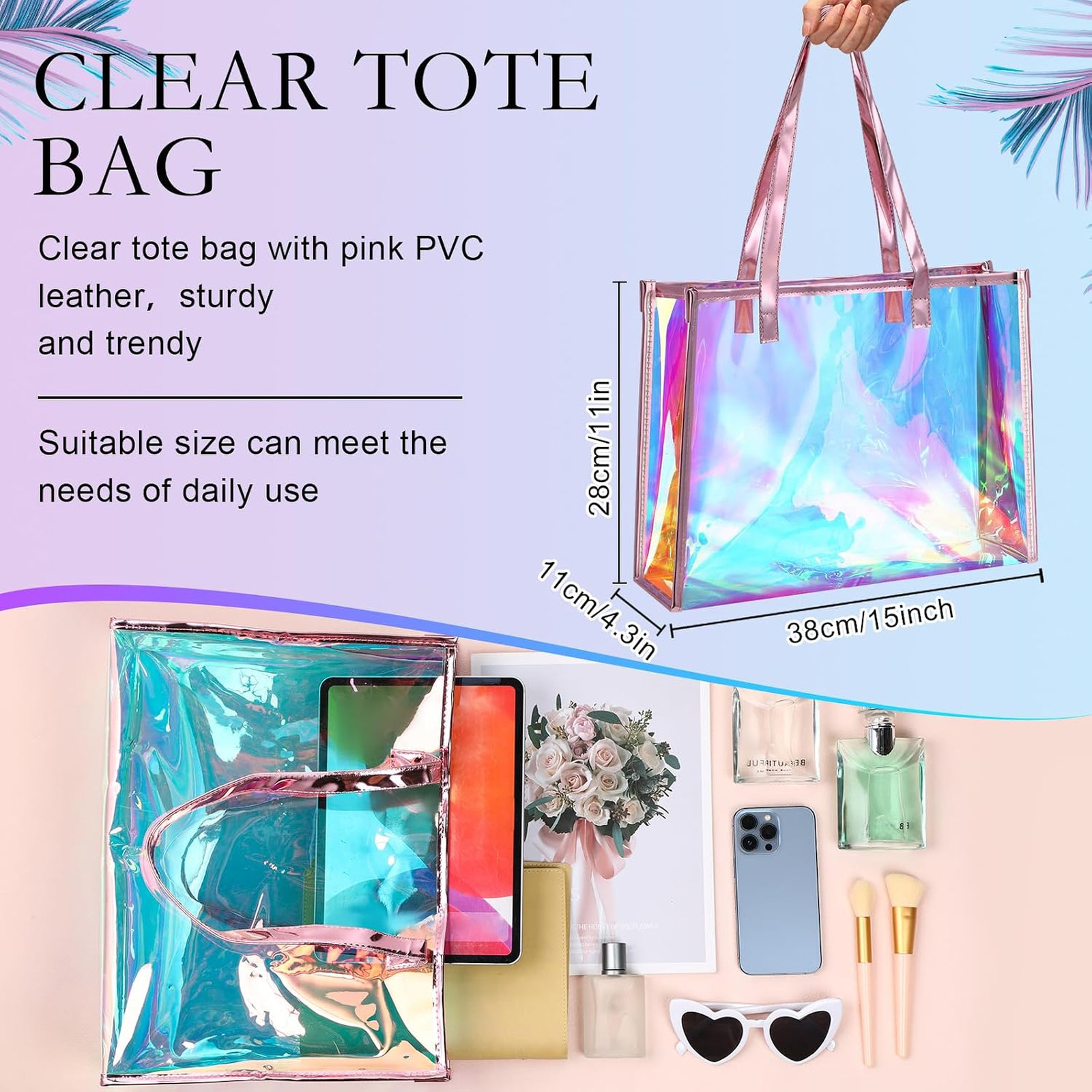 Holographic Clear Tote Bag with Leather Handle Iridescent Beach Bag for Travel