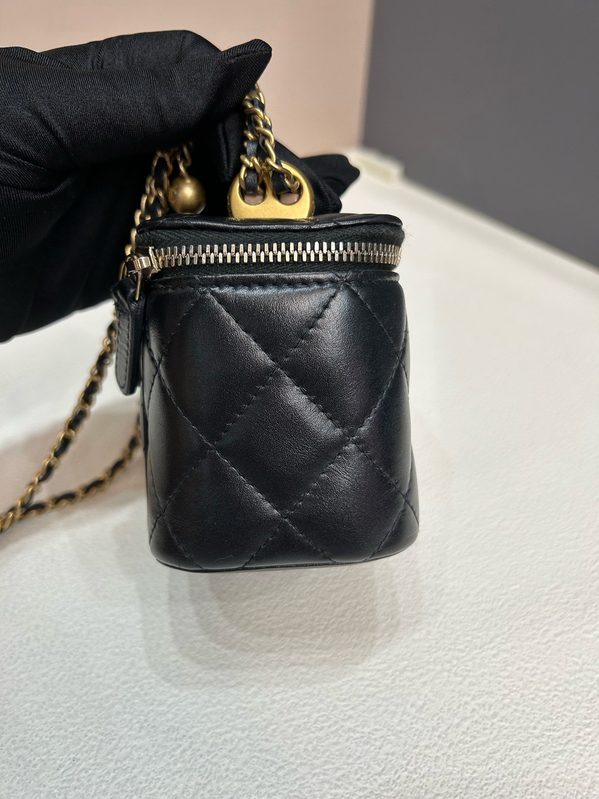 Chanel 21A Double Gold Ball Vanity Case Mini Black Cowhide Crossbody Duty Paid