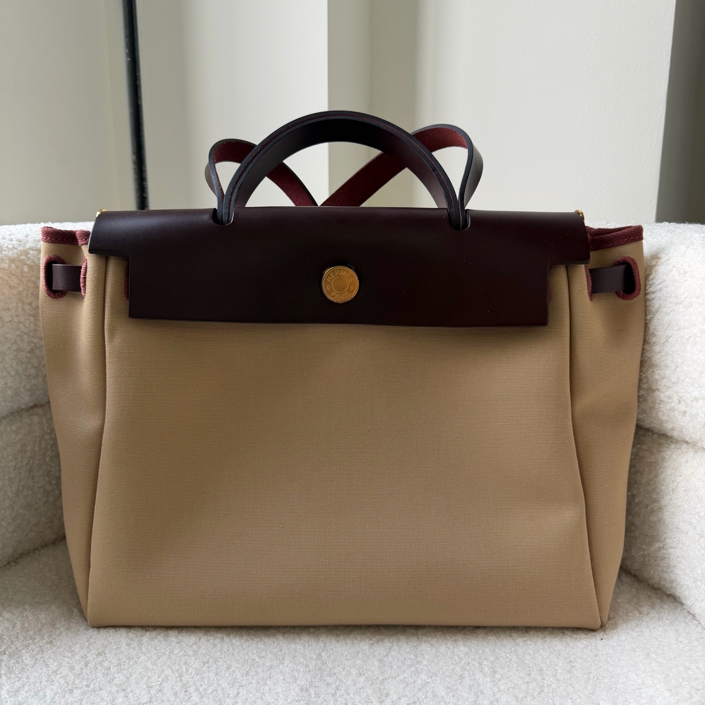 Hermes Herbag Normal Trench Beige Ebene Canvas Calf Leather Hand & Shoulder Bag