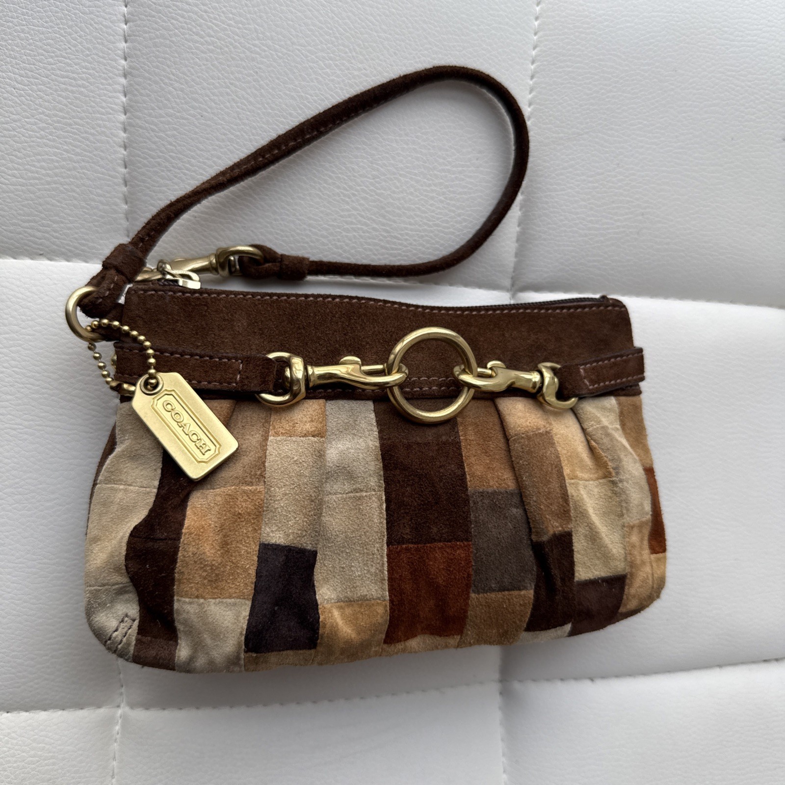 Coach Suede Mosaic Brown Pattern Wristlet Purse Wallet Chainlink Y2K Vintage