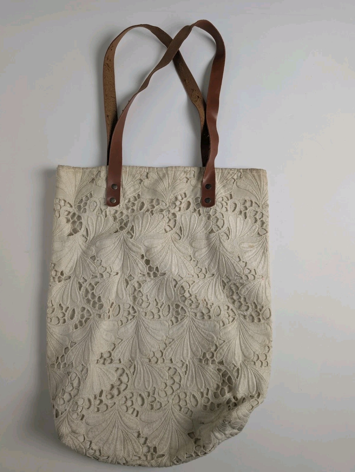 Boho Eyelet Lace Tote Bag Cream Floral Cutout Shoulder Bag Brown Straps Large