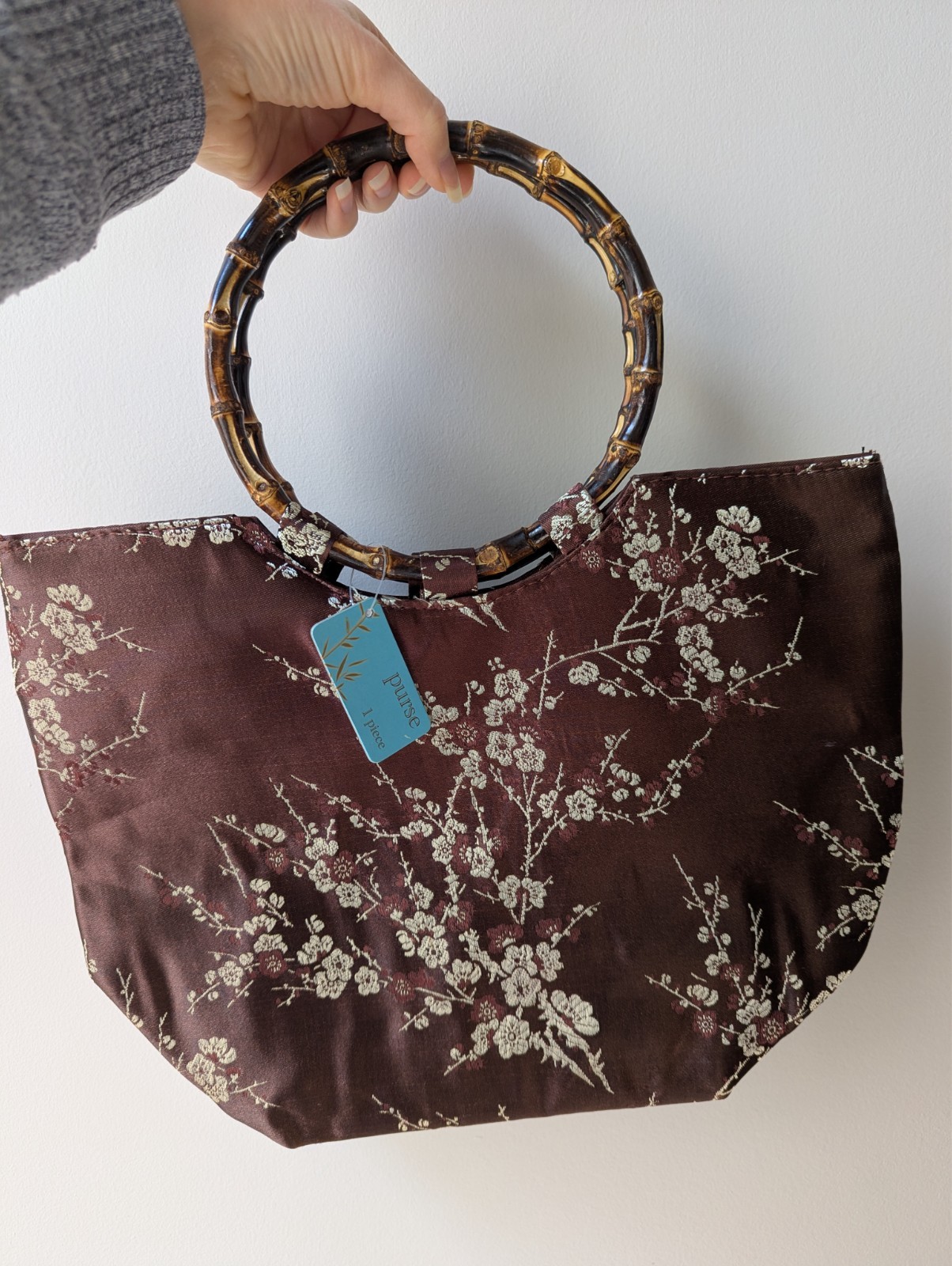 Chinese Asian Bag Purse Brown Gold Bamboo Circle Handles