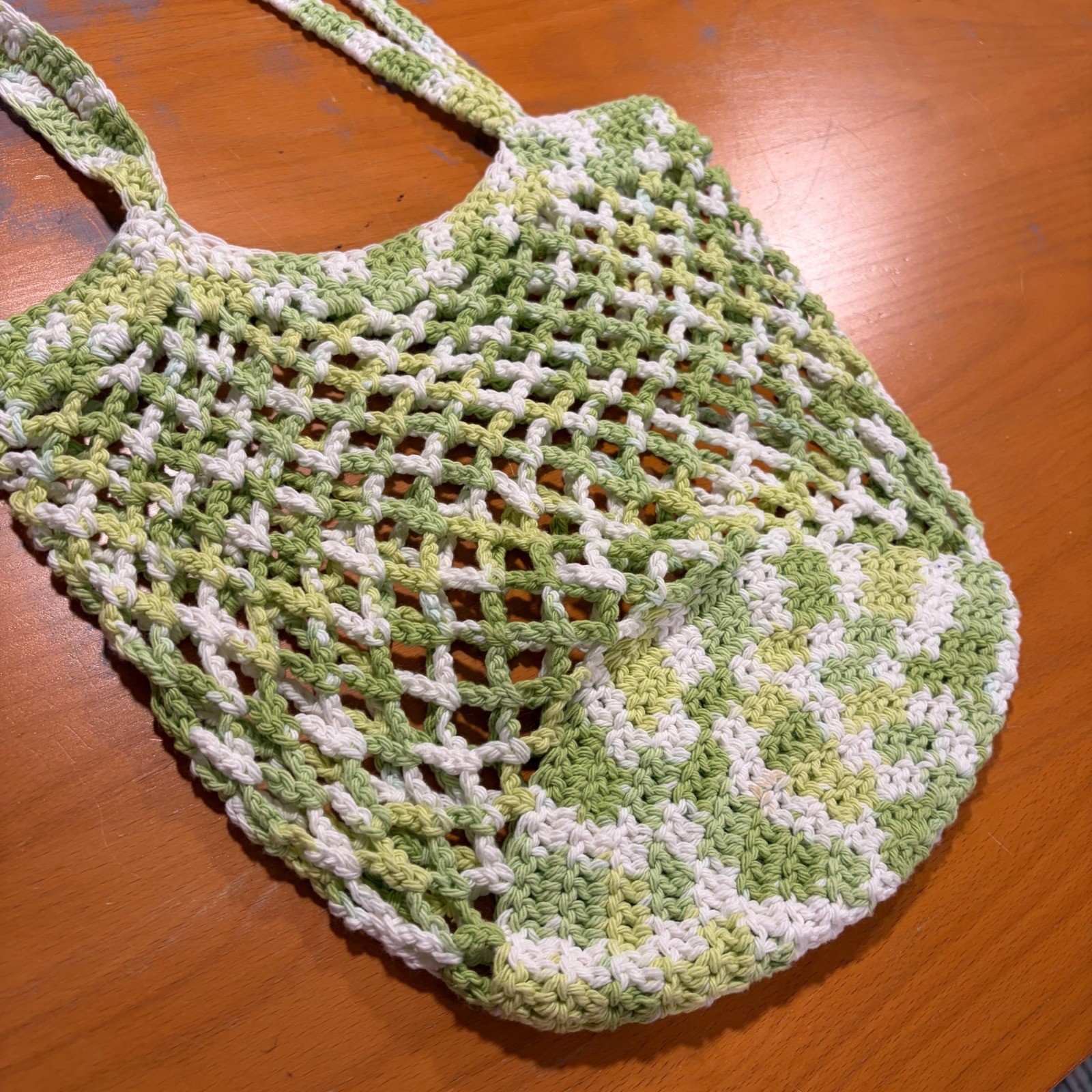 Handmade Crochet Market Bag Green White Variegated Mesh Net Tote Boho Cotton