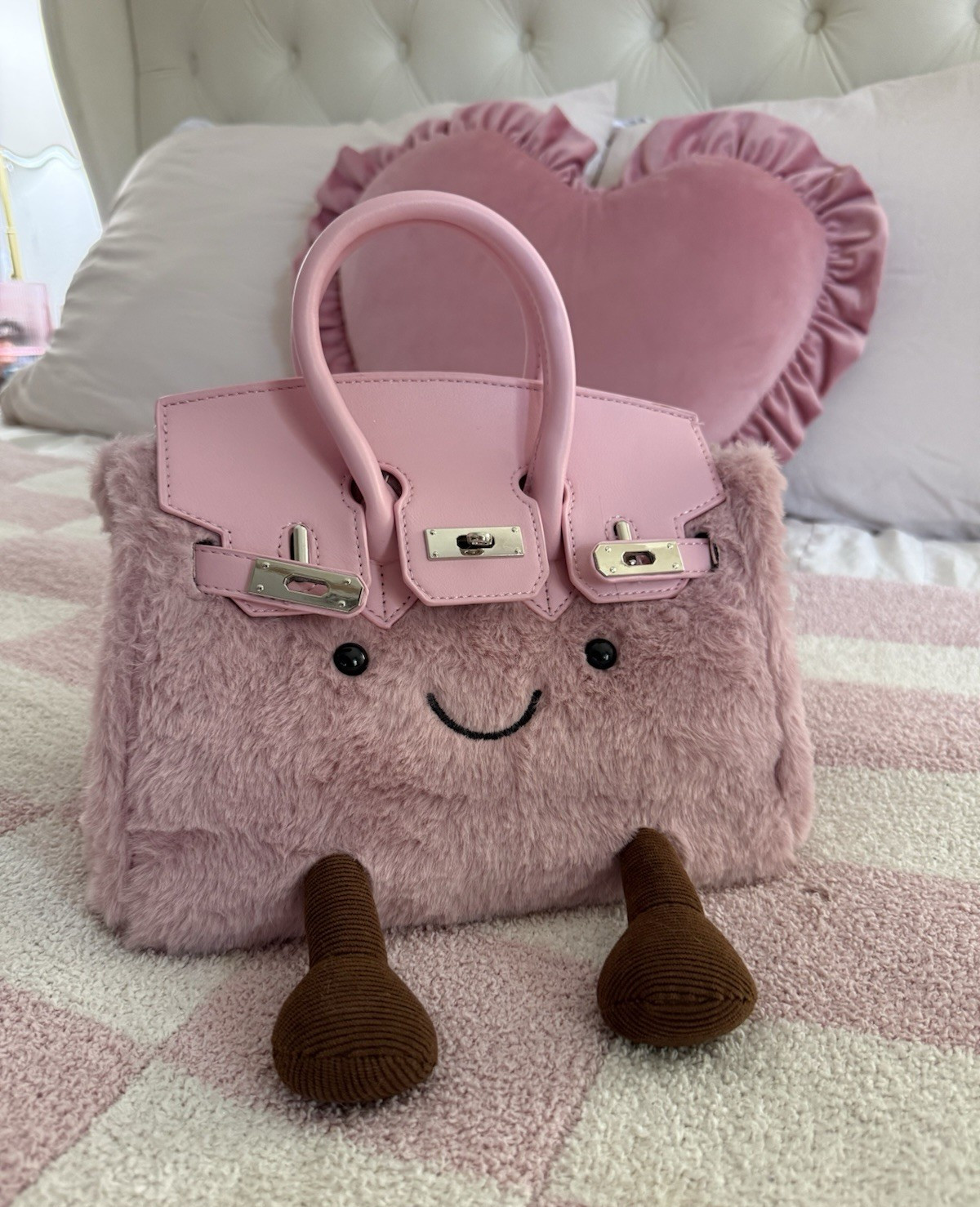 Pink fuzzy fur Smiley Face Women’s Satchel Top Handle Bag Buckle Silver