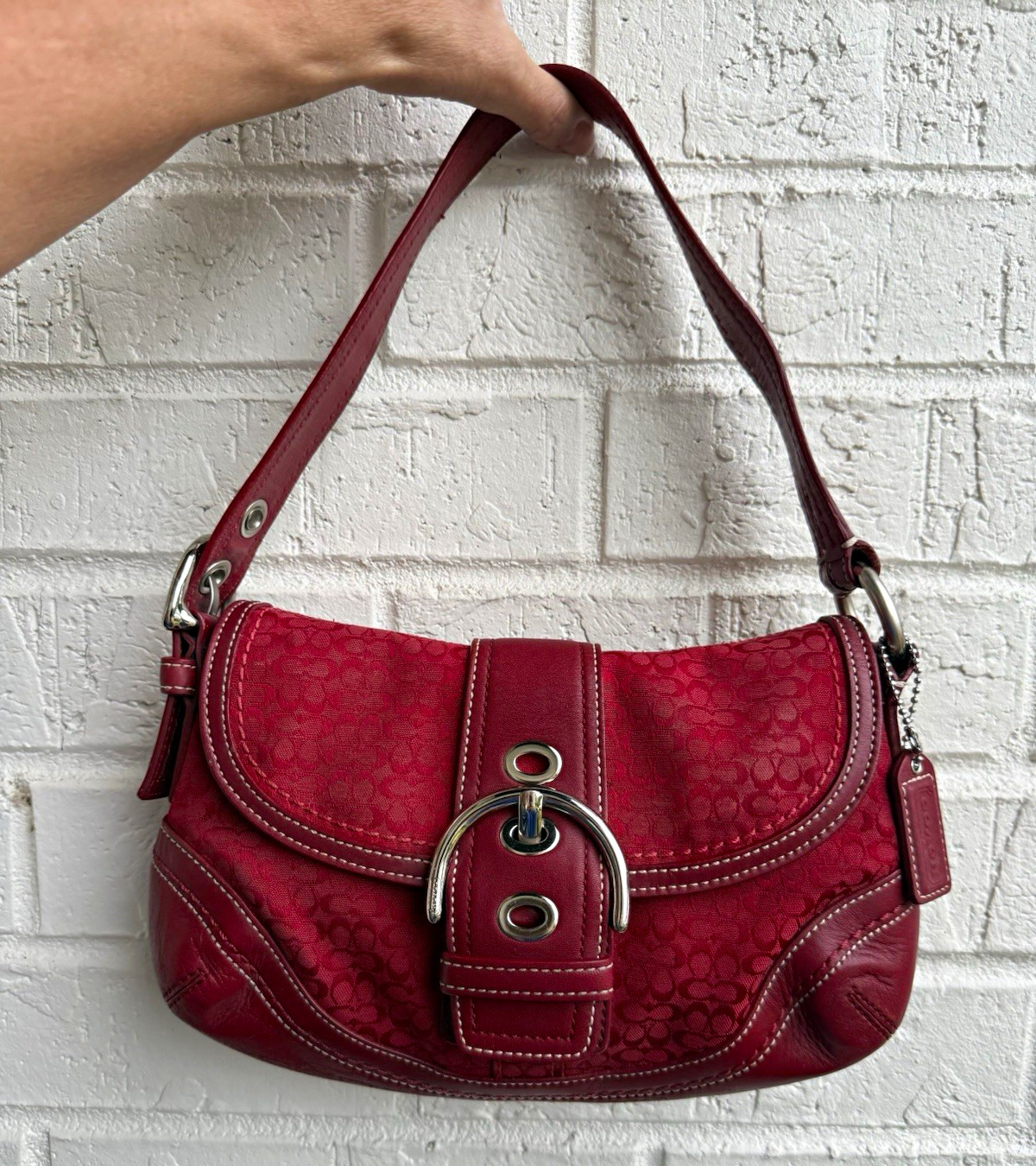 Coach Red Logo Shoulder Bag Small Magnetic Closure Silver Hardware Charm