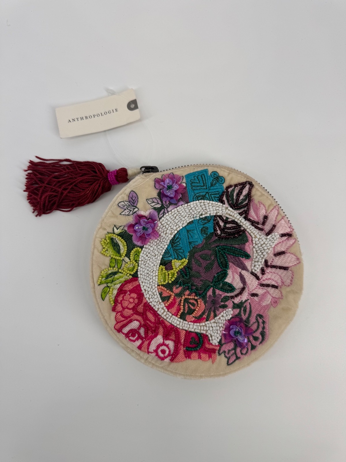 Anna Harlow Russo X Anthropologie Beaded Embroidered Monogram C Round Pouch Bag
