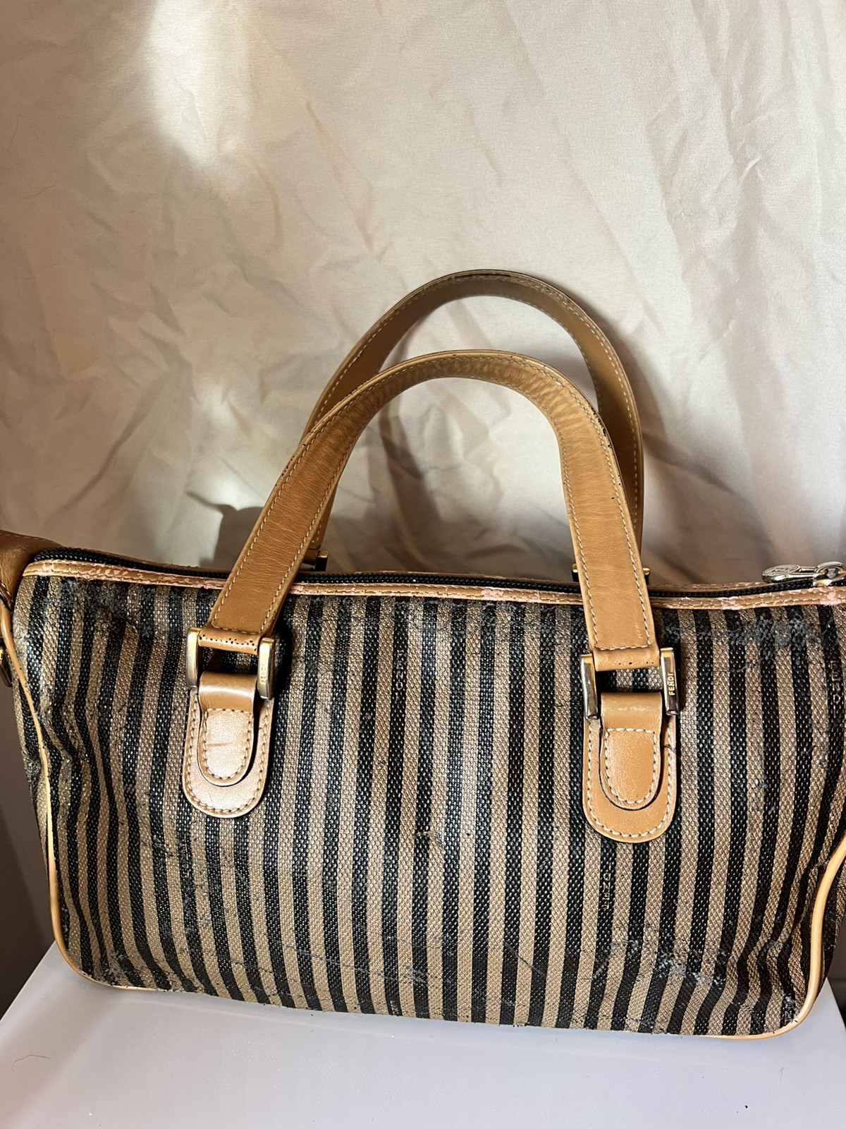 Authentic Vintage Fendi Pequin Stripe Boston Satchel Bag Brown Tan Made In Italy
