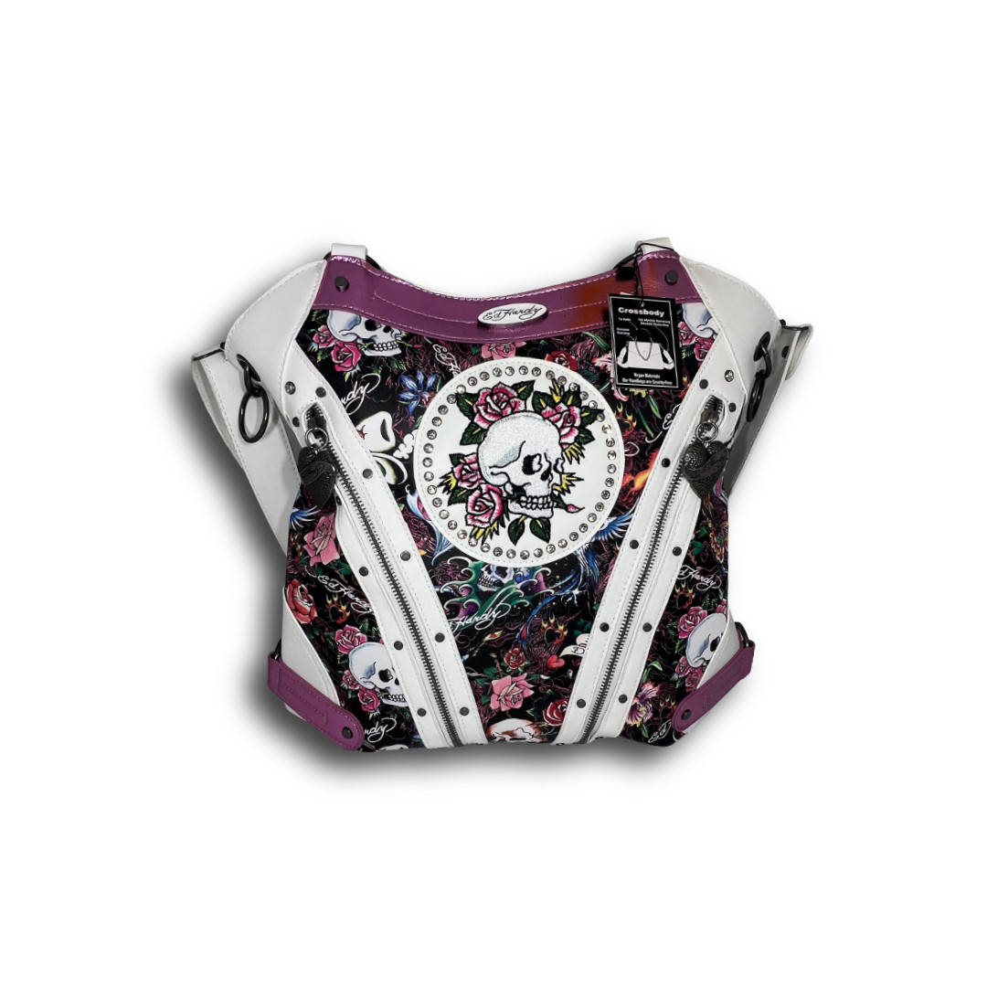 NWT Ed Hardy Skull Roses Rhinestone Studded Crossbody Hobo Bag Tattoo Print Y2K