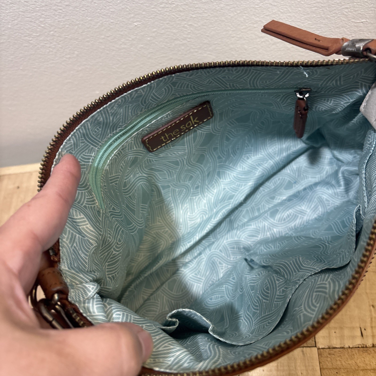 The Sak Crossbody Bag Cream, Teal, And Brown Leather