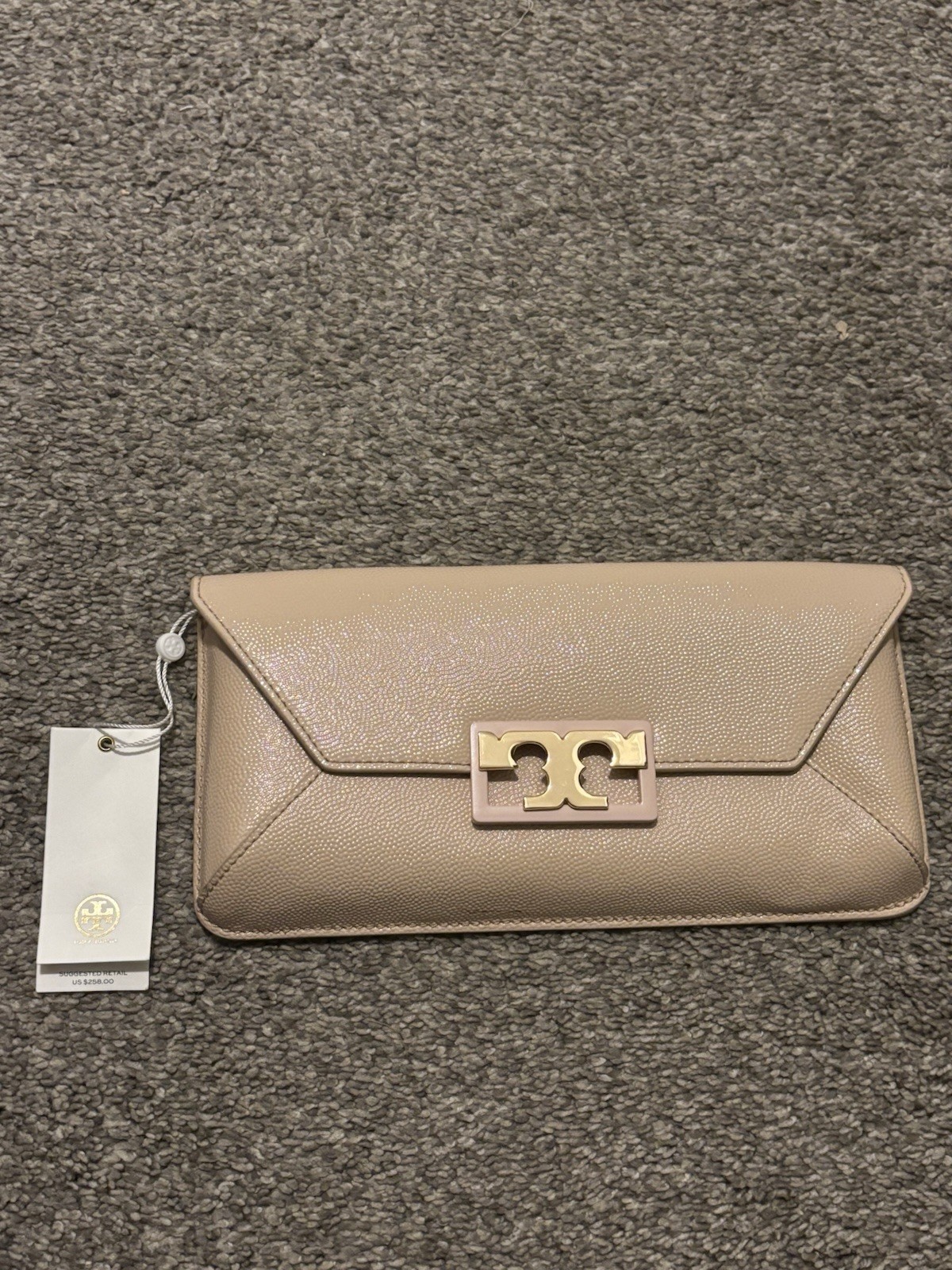 Tory Burch Gigi Patent Clutch Bag Light Oak NWT