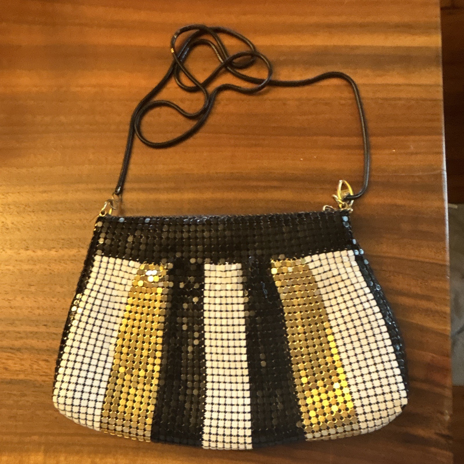Metallic Mesh Striped Shoulder Bag Zip Top Detachable Chain Strap Black Gold